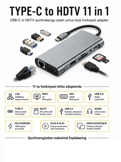 USB Type-C 11-в-1 концентратор-адаптер HDMI VGA LAN USB 3.0 SD TF Audio MacBook и ноутбук