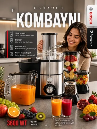 Кухонный комбайн 4-в-1 с соковыжималкой и блендером, измельчителем и кофемолкой для дома