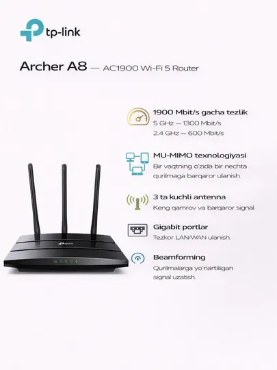 Гигабитный роутер TP-Link Archer A8 AC1900, MU-MIMO, Dual-Band, Wi-Fi 5