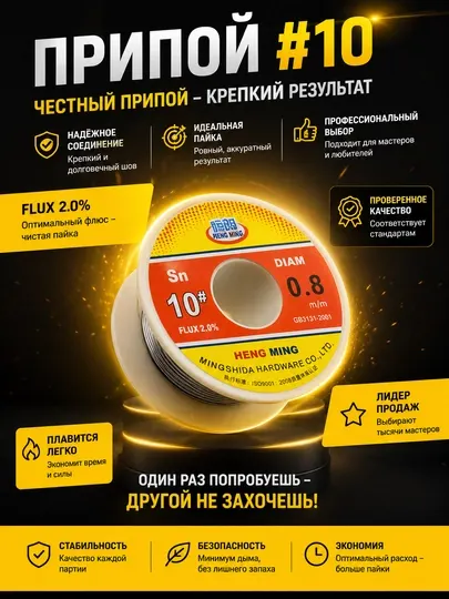 Припой HENG MING Sn10#, 0.8 мм, Flux 2.0% для пайки электроники