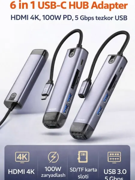 Mcdodo HU-774 6 in 1 USB-C HUB Adapter – HDMI 4K, USB 3.0, PD 100W, SD/TF