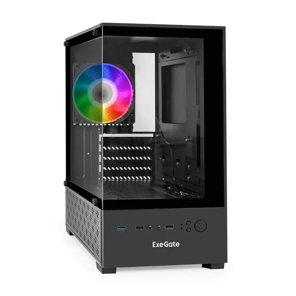 Корпус Minitower ExeGate i3 SEA (mATX, без БП, 2*USB+1*USB3.0, HD аудио, черный, 1 RGB вент. 12см на задней панели, возможна установка еще 4 шт. вентиляторов 12см, передняя и боковая панели - закаленное стекло) EX298221RUS