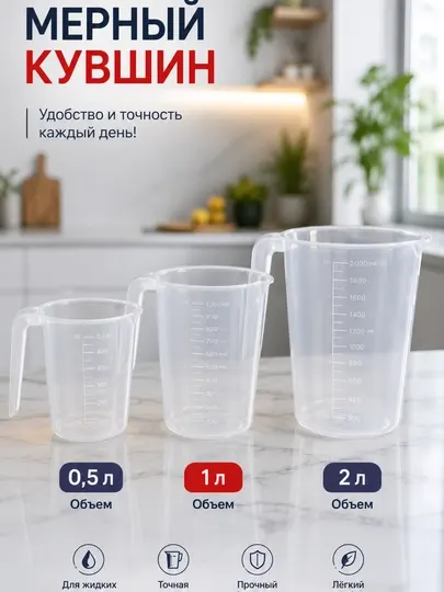 Мерный стакан пластиковый 0,5 литра 1 литр 2 литра для кухни