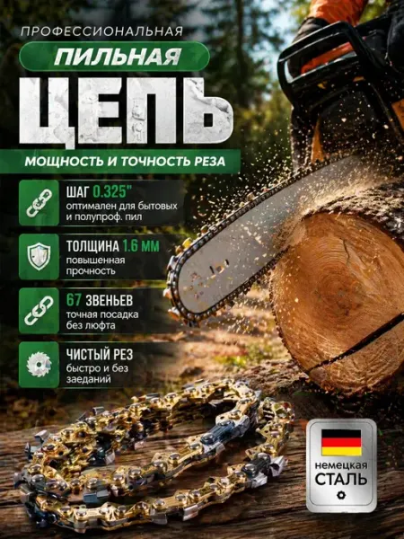 GaminGo Цепь для бензопилы 67 звеньев, 1.6 мм, шаг 0.325" Штиль 260