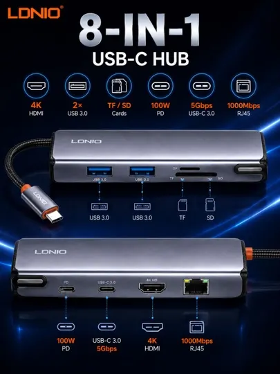 USB-C хаб LDNIO DS-18H 8 в 1 для ноутбука и MacBook с HDMI 4K, RJ45, USB 3.0, SD/TF