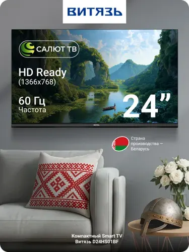 Витязь Телевизор D24HS01BF, DLED, Салют ТВ, WiFi, Bluetooth 5.0, 24″ HD, черно-серый