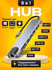 USB хаб 3.0/ USB разветвитель на 8 портов/ USB концентратор/ USB 3.0 Hub: USB, Type-C, HDMI, Ethernet, microSD, SD. Разветвитель, картридер для ноутбука macbook