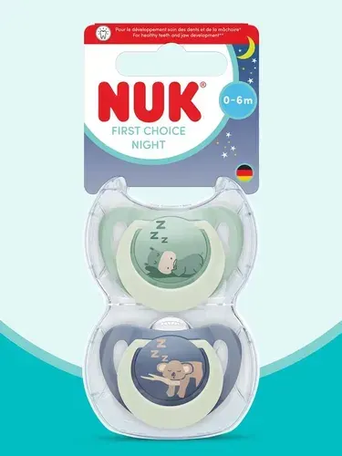 NUK FIRST CHOICE NIGHT Соска-пустышка из силикона, разм. 0-6 мес., 2 шт. в контейнере, гиппо и коала