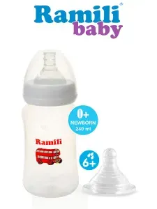 Противоколиковая бутылочка Ramili Baby 240 мл. с двумя сосками 0+ и 6+ (240MLBT100L, слабый и быстрый поток)