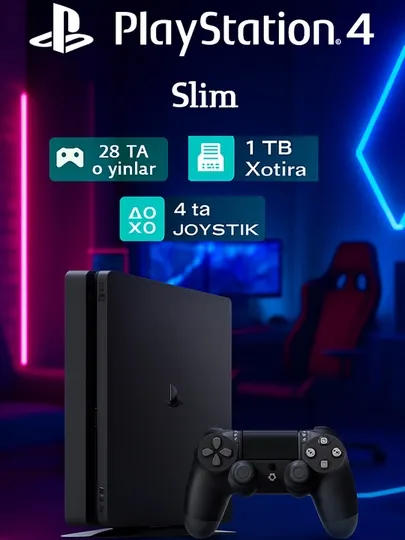 Игровая приставка PS4, Sony Playstation 4 Slim, версия 11.00 Goldhen, 4 шт Dualshok, 28 игр