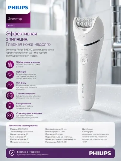 Эпилятор Philips BRE700/00 Series 8000, Wet & Dry, 32 пинцета, подсветка , беспроводной