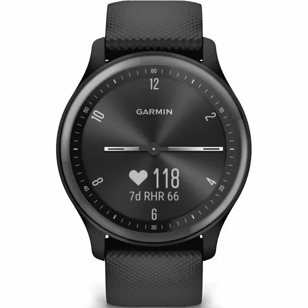 Гибридные смарт-часы Garmin Vivomove Sport, черные с ремешком из гипоаллергенного силикона, 010-02566-00, русский язык