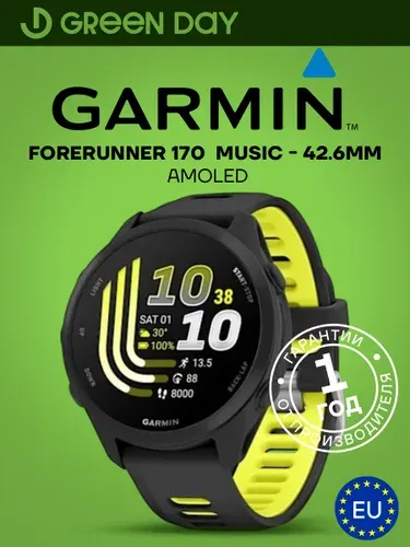 Смарт-часы Garmin Forerunner 170, Music , Amoled. 42мм, Black with Black/Amp черные с черно-желтым ремешком, 010-03920-10, Европейская поставка, Гарантия 1 Год