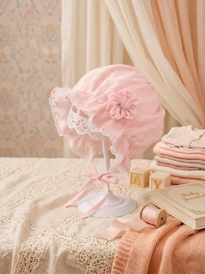 Детский чепчик для девочек 0–3 лет, кружевной капор с завязками baby bonnet