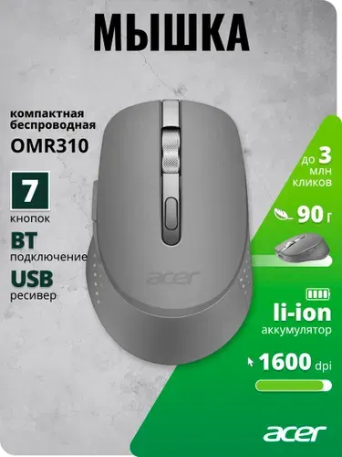 Мышь беспроводная Acer OMR310 темно-серый цвет, 1600dpi BT/Radio USB 7but (ZL.MCECC.032)