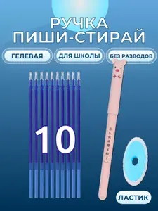 Ручка "Пиши Стирай" 10 синих стержней, стираемые чернила, 1 ластик, гелевая