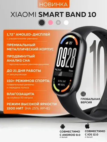 Фитнес-браслет Xiaomi Smart Band 10 черный Midnight Black (BHR07Y5GL) 1.72" AMOLED, 21 день работы, 5 ATM, трекинг сна и SpO2, 150 режимов, яркость 1500 нит