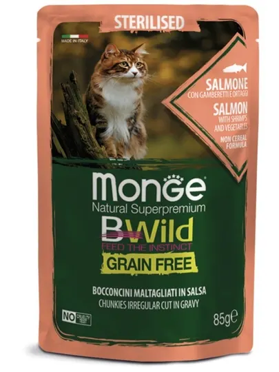 Влажный корм Monge Bwild Cat стерилизованный с лососем и овощами 85 грамм 1/5/10/24
