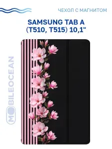 Чехол для Samsung Tab A 10.1" (T510 T515) с рисунком, с магнитом, черный с принтом РОЗОВЫЙ МИНДАЛЬ / Самсунг Таб А 10.1