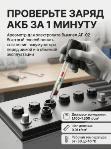 Ареометр для АКБ Вымпел АР-02 стеклянный 1,1001,300 г/см для проверки плотности электролита
