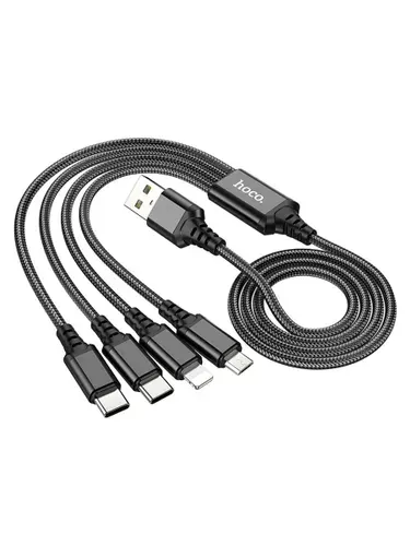 Кабель плетеный Hoco X76 4в1 USB to Lightning+microUSB+2*Type-C, 2А, 1 метр, черный (для старых Android, смартфонов и iPhone 14, 13, 12, 11 и ранее)