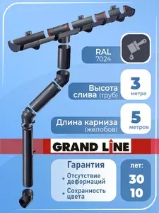 Grand Line Водосточная система ( длина 5 м по 1 м / высота 3 м) графит RAL 7024 , водосток для крыши пластиковый Гранд Лайн ( 120 мм / 90 мм) комплект элементов ПВХ серый 1 слив