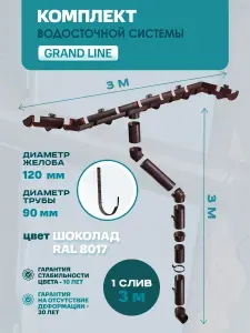 Водосток для крыши Гранд Лайн 3 м (Grand Line) 120мм/90мм, КОРИЧНЕВЫЙ Комплект водосточной системы пластиковый ПВХ (RAL 8017 Шоколад) (1 слив), Металлический кронштейн