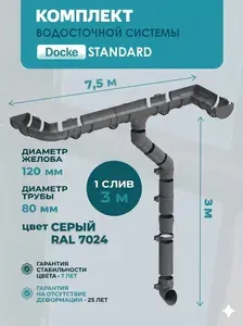 Водосток для крыши дома пластиковый Серый на 7,5 м Технониколь ОПТИМА ( RAL 7024 СЕРЫЙ ) Водосточная система Технониколь ( 120мм/80мм ) комплект с Металлическим кронштейном /1 слив