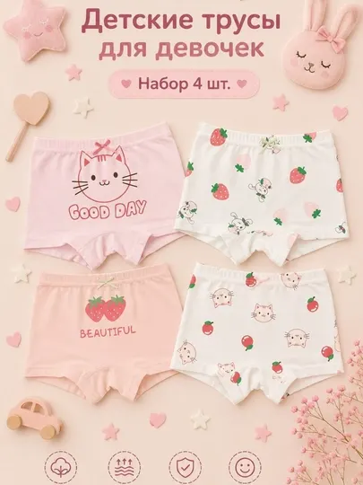 Трусы для девочек, набор 4 шт, хлопковое детское нижнее белье