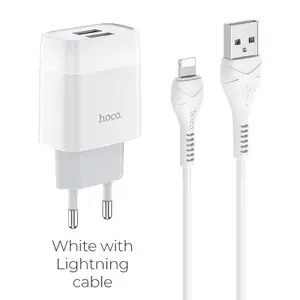 Сетевое зарядное устройство Hoco C73A, 2USB, 2.4A+кабель Lightning 1м, цвет белый (зарядка для iPhone 5-14)