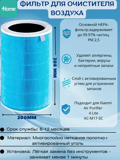 Фильтр HEPA+угольный для Xiaomi Air Purifier 4, 4 Pro , 4 Lite ,1,2,3 — от пыли и запахов