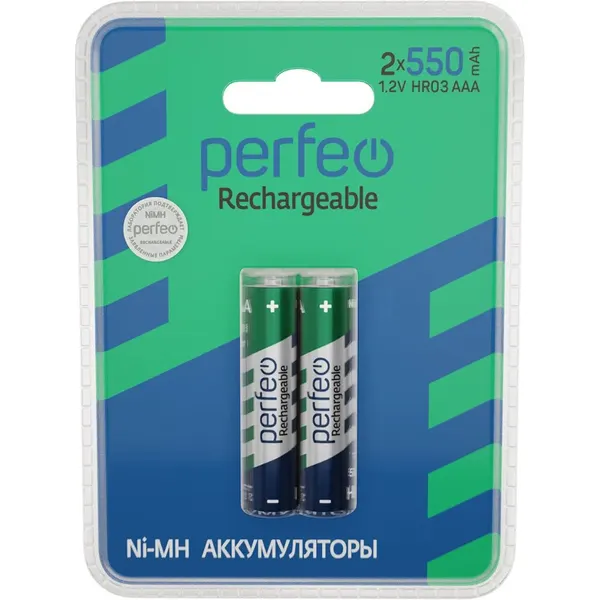 Батарейки аккумуляторные AAA Perfeo Ni-Mh HR03, 550mAh на пластиковом блистере, 2шт, 1.2V