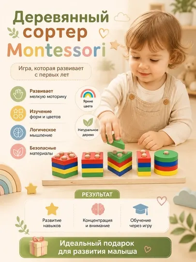 Детский деревянный конструктор, сортер Монтессори