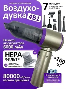 Пылесос для автомобиля беспроводной мощный / Ручной пылесос для автомобиля и дома мощный,6000 мАч, 4 в 1