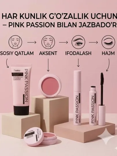 Подарочный набор декоративной косметики Pink Passion, 4 в 1: тональный крем, румяна, тушь