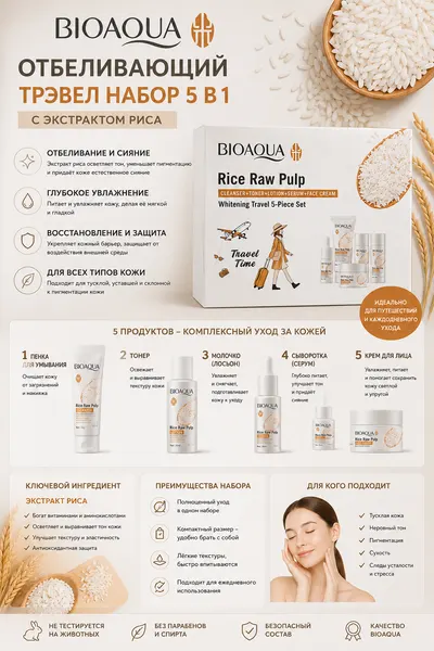 Подарочный набор для ухода за лицом Bioaqua Rice Raw Pulp (5 в 1) с экстрактом риса