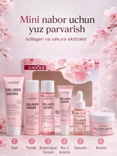 SADOER Collagen Sakura Подарочный набор 6 в 1 для увлажнения лица