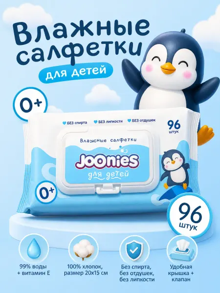 Joonies Салфетки влажные детские с витамином Е для новорожденных 0+…