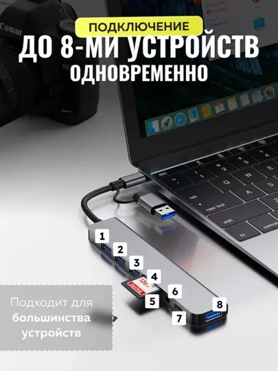 Переходник USB хаб 8 в 1, Type - C, USB HUB, для MacBook, iPad Pro и смартфонов