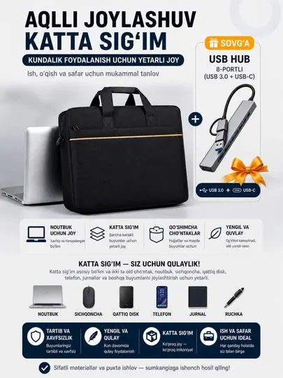 Сумка для ноутбука, деловая сумка с надежной защитой + USB-концентратор 8 в 1