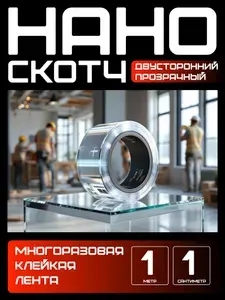 1м-1см Нано скотч многоразовый двусторонний прозрачный. Клейкий силиконовый скотч для ремонта, монтажа, крепления.