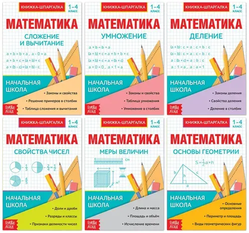 Набор шпаргалок "Основы математики" для детей 1-4 кл., конспект с правилами, подготовка к контрольной работе, 6 книг