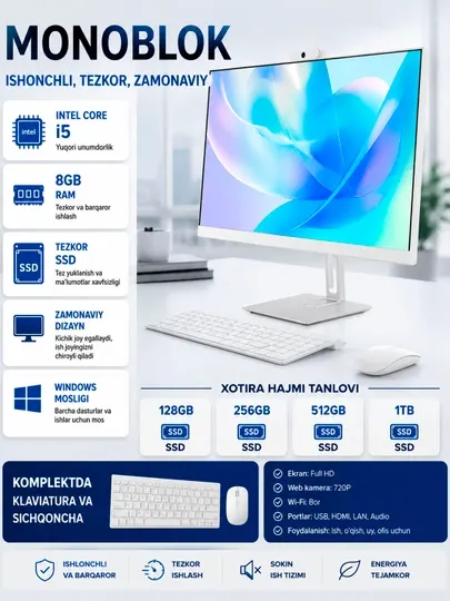 Моноблок , 24 дюйма, Full HD, i5, 8 ГБ RAM, SSD 1024 ГБ Windows 10, клавиатура + мышь