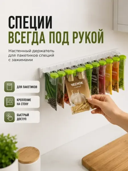ВПРН3316 Держатель для пакетиков специй кухонный на стену с зажимами