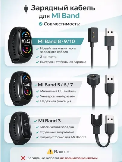 Зарядка для MI Band 4/5/6/7/8/9/10 USB, кабель