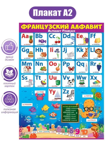 ТМ открытая планета Плакат на стену Французский алфавит, школа, детский, А2