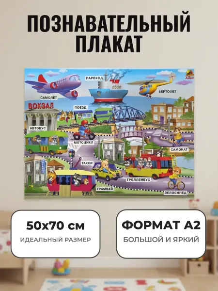 ЛИНГ Развивающий плакат А2 для дет сада и школы. Транспорт