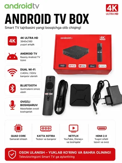 Смарт ТВ приставка Smart TV Box Q5, Android TV 10, Пульт с голосовым поиском, Wi-Fi 5G