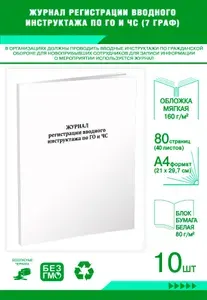 Книга учета. Журнал регистрации вводного инструктажа по ГО и ЧС. 80 страниц, комплект 10 журналов