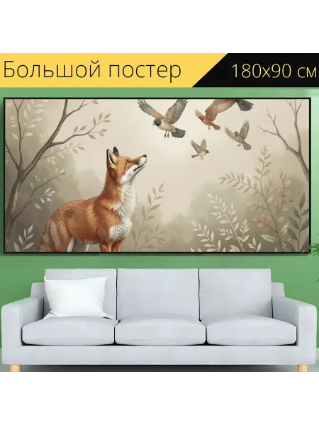 LotsPrints Постер "Лисица и птицы в лесу. Мягкая." 180x90см